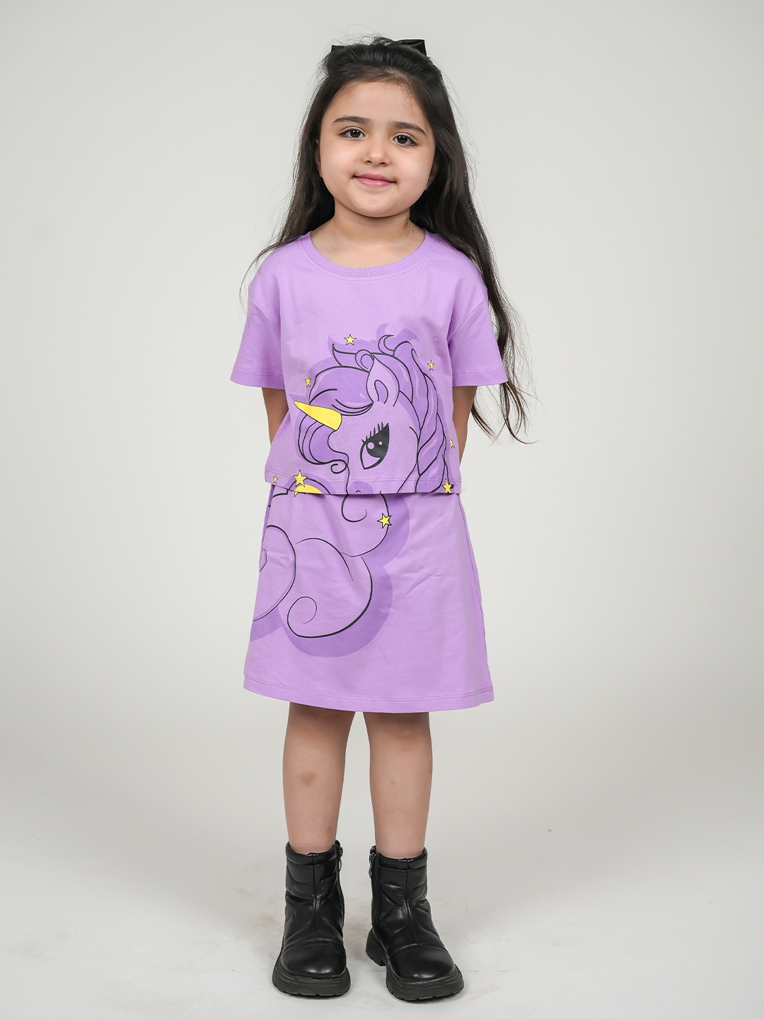 

BE AWARA Girls Unicorn Printed Pure Cotton Top With Skirt, Purple