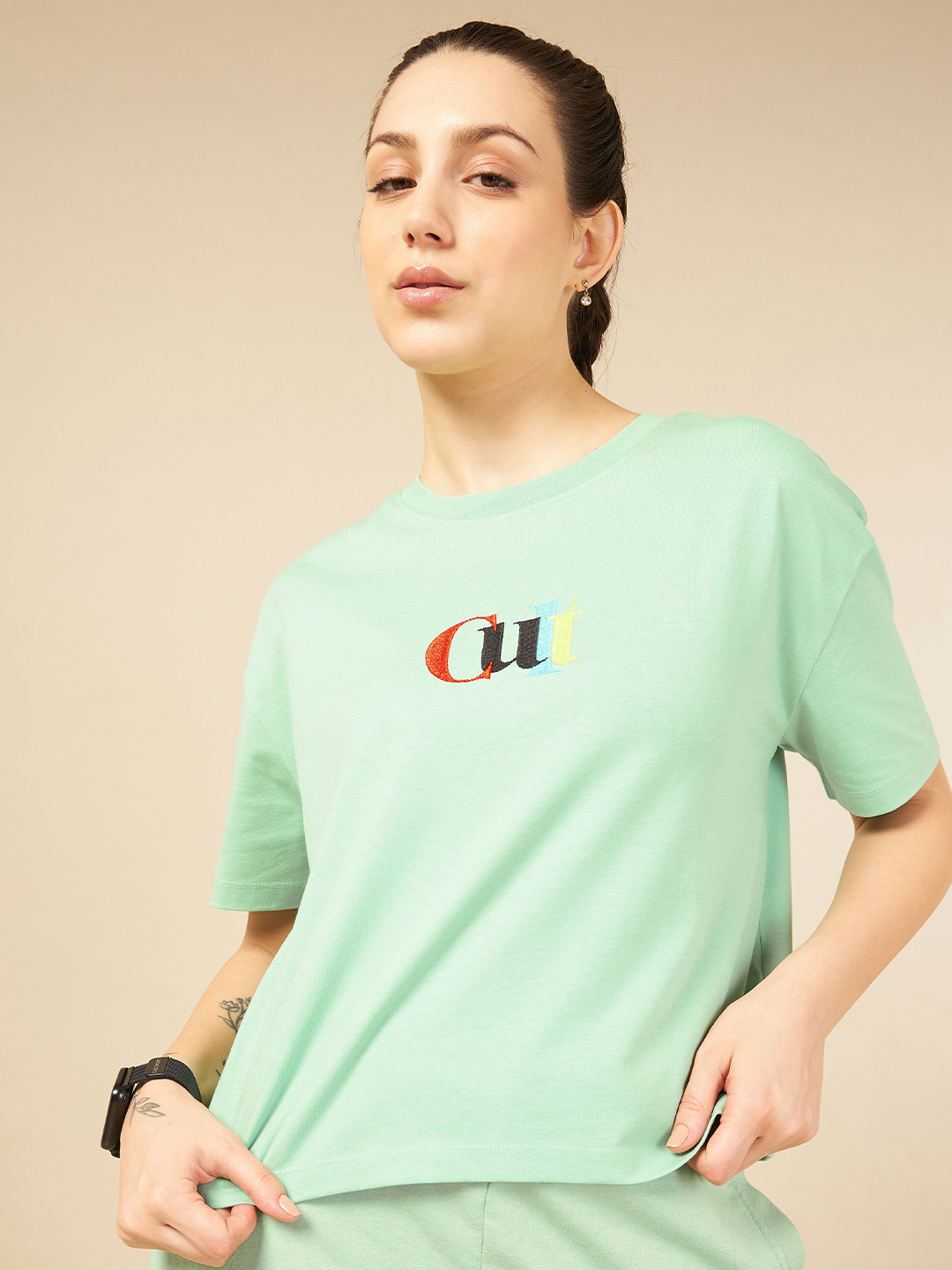 

CULT Women Solid Bio Finish Boxy Crop T-shirt, Green