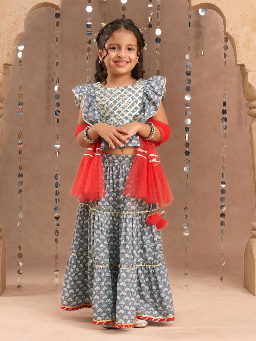 

LIL DRAMA Girls Printed Ready to Wear Cotton Lehenga & Blouse With Dupatta, Grey