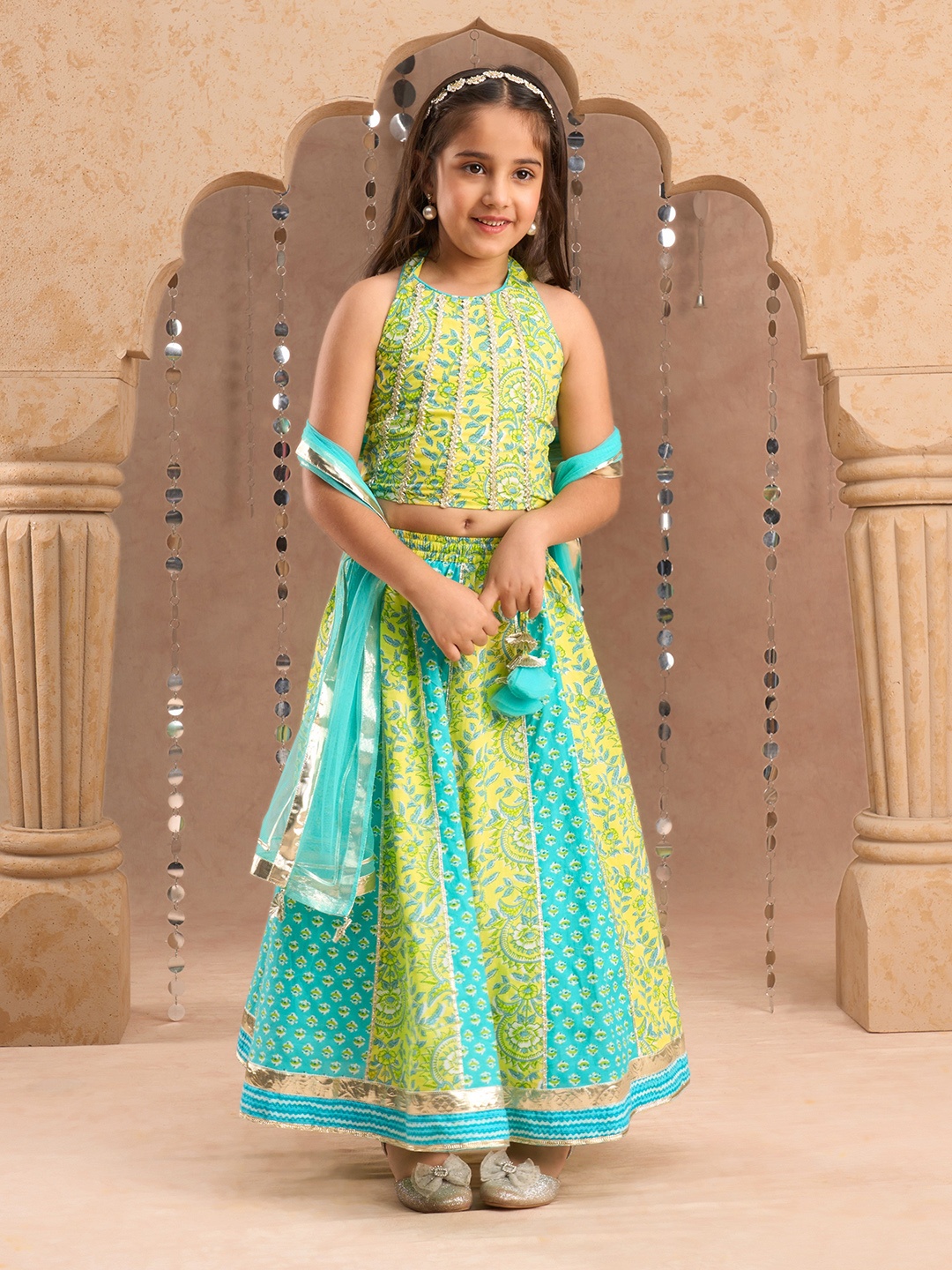 

LIL DRAMA Girls Printed Ready to Wear Cotton Lehenga & Blouse With Dupatta, Green