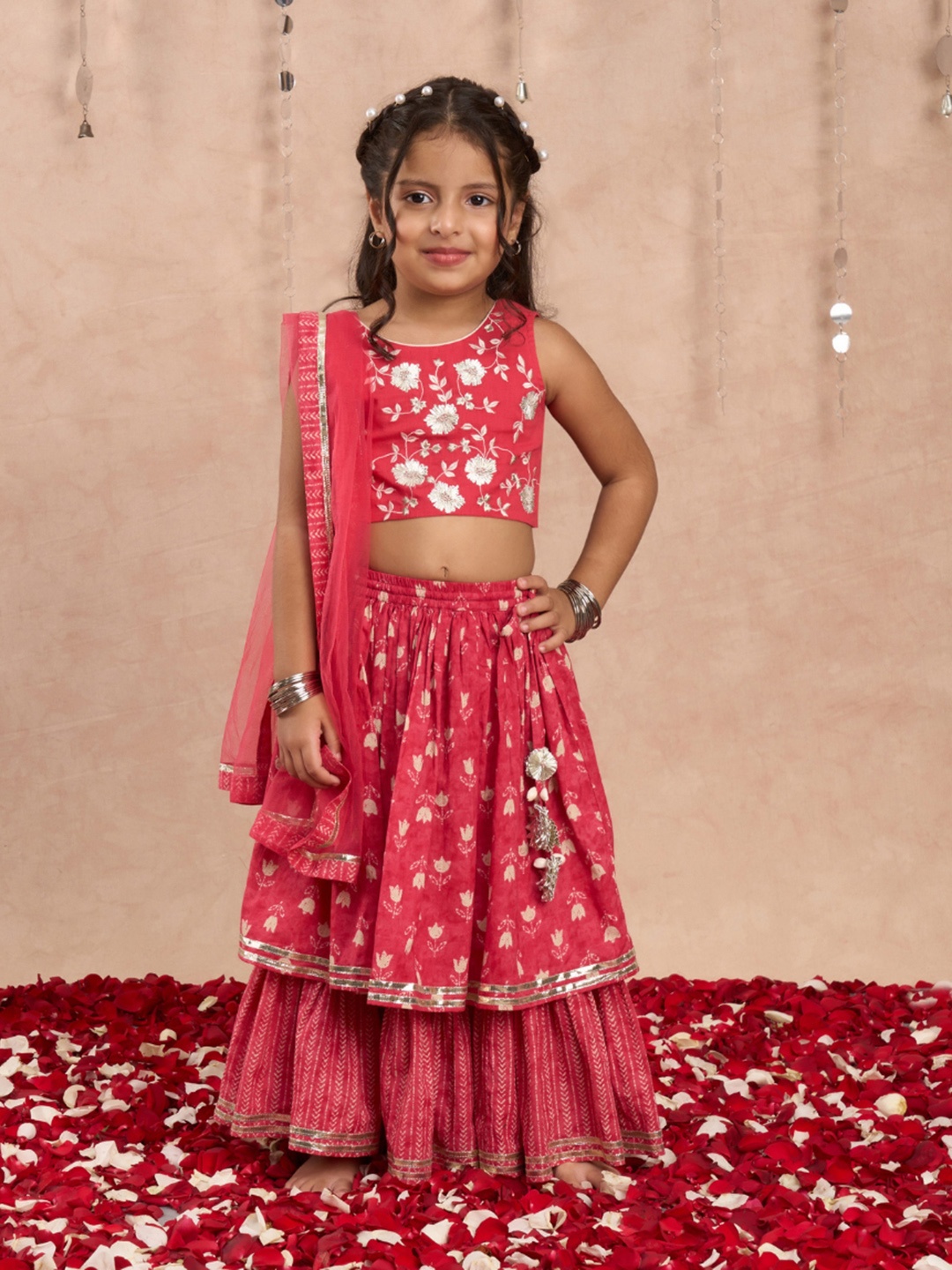 

LIL DRAMA Girls Printed Ready to Wear Cotton Lehenga & Blouse With Dupatta, Red