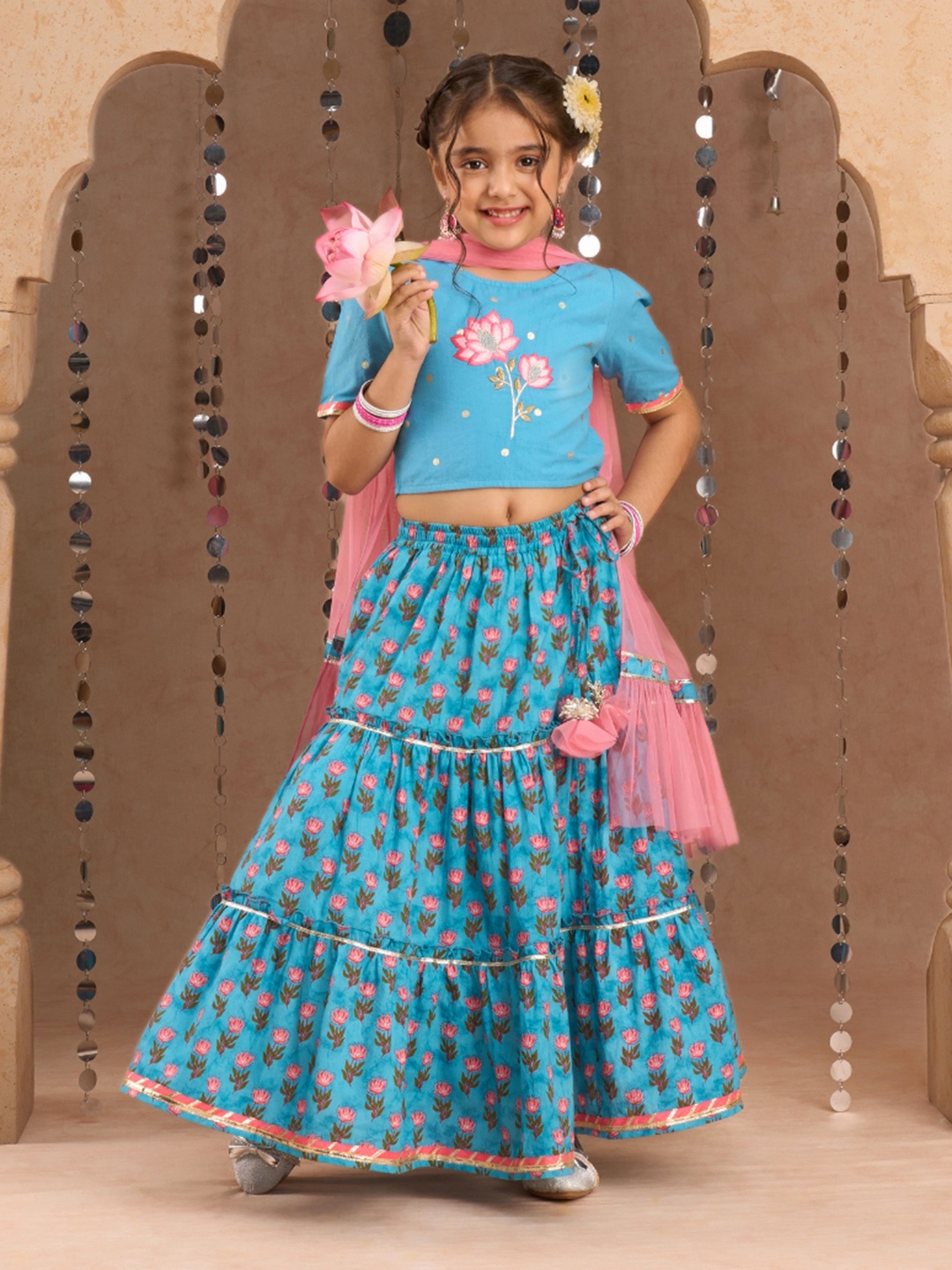 

LIL DRAMA Girls Printed Ready to Wear Cotton Lehenga & Blouse With Dupatta, Blue