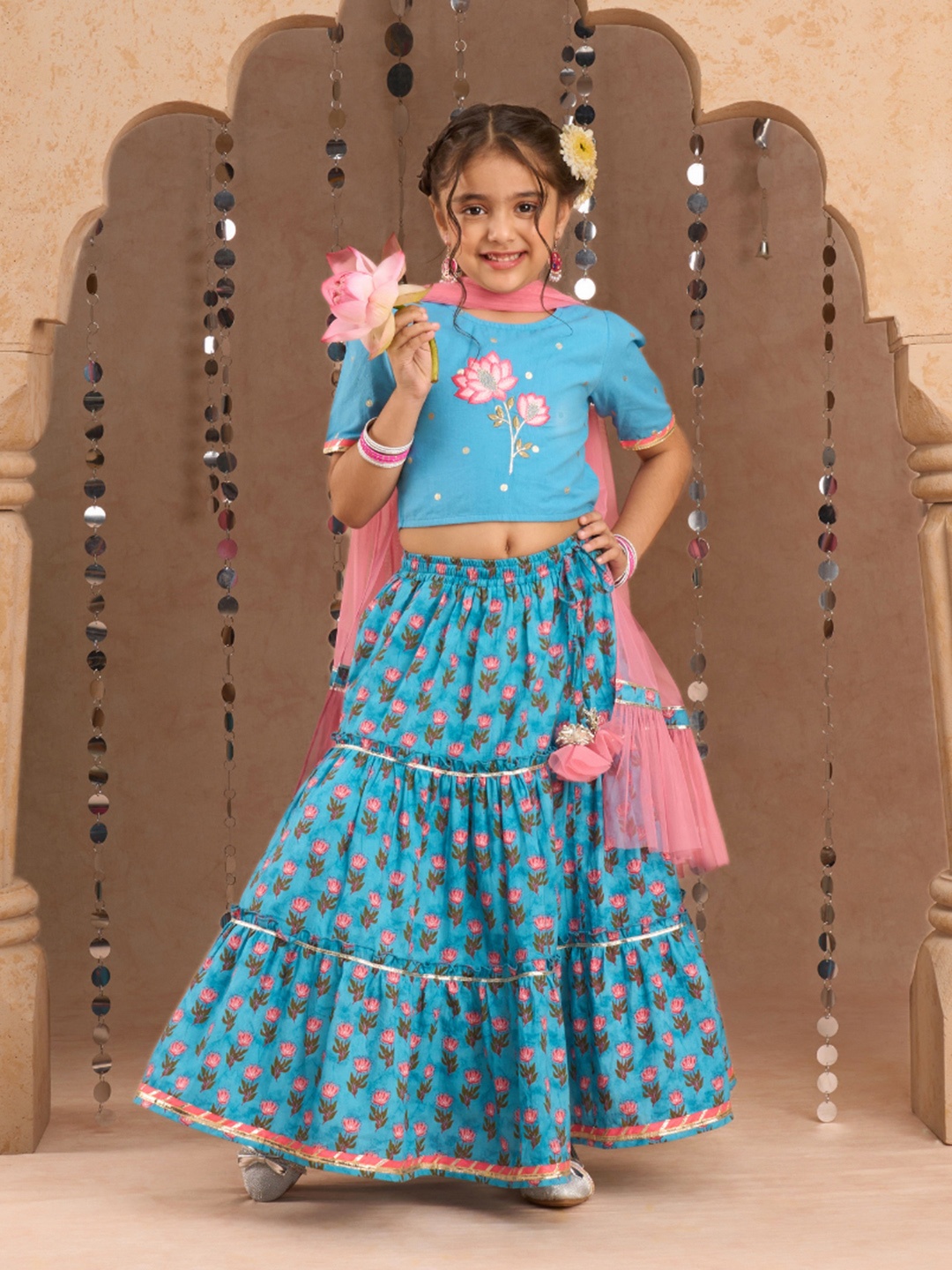 

LIL DRAMA Girls Printed Ready to Wear Cotton Lehenga & Blouse With Dupatta, Blue