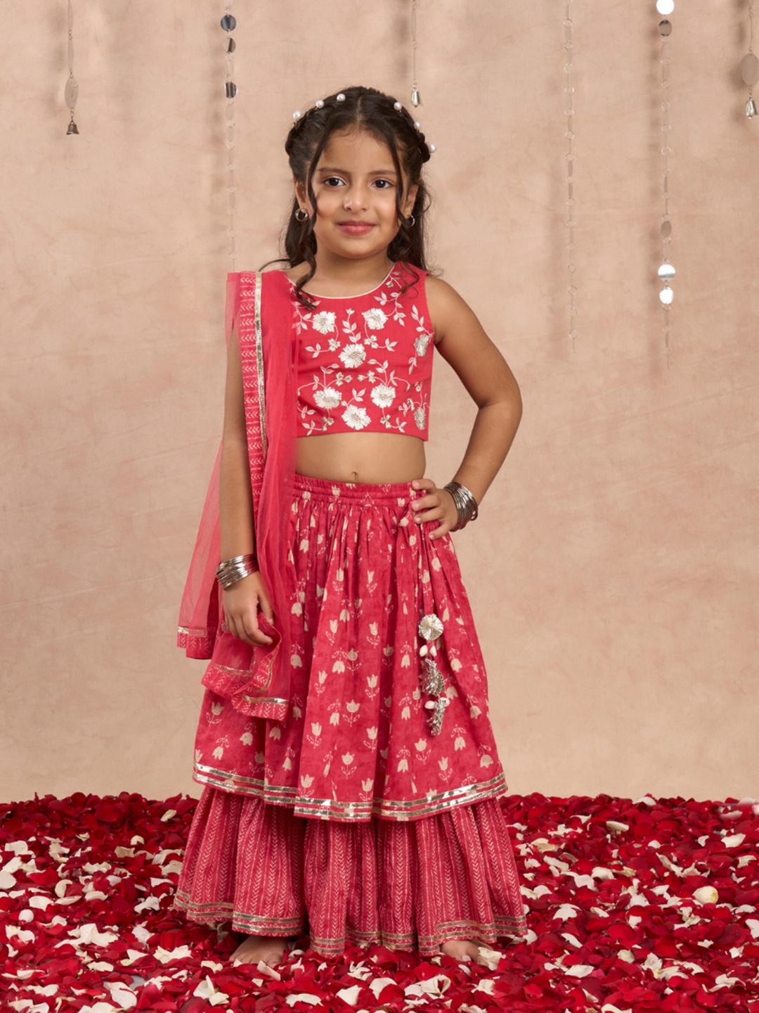 

LIL DRAMA Girls Printed Ready to Wear Lehenga & Blouse With Dupatta, Red