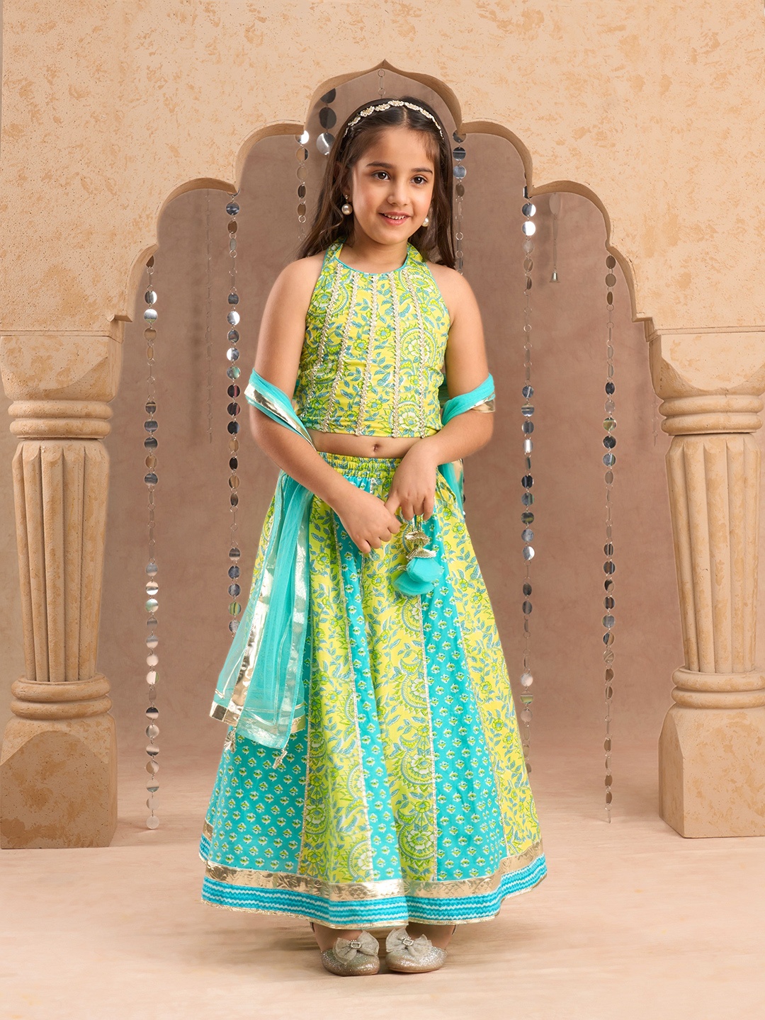 

LIL DRAMA Girls Floral Printed Ready to Wear Cotton Lehenga & Blouse With Dupatta, Green