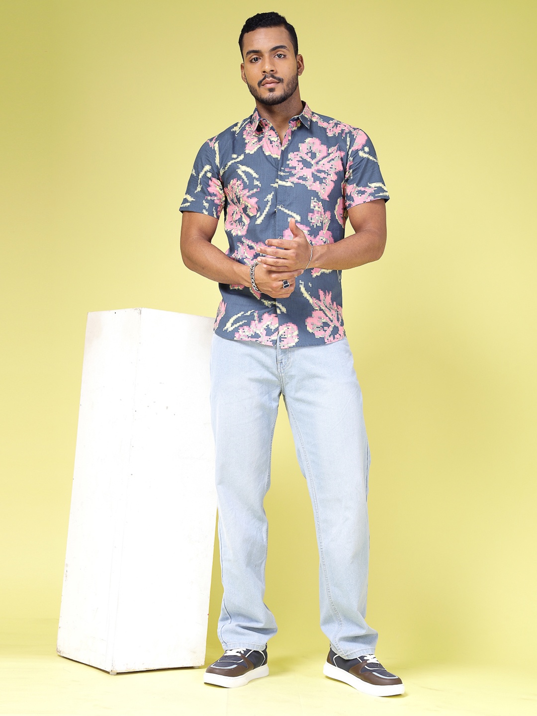 

Rigo Men Comfort Slim Fit Floral Printed Spread Collar Casual Shirt, Blue