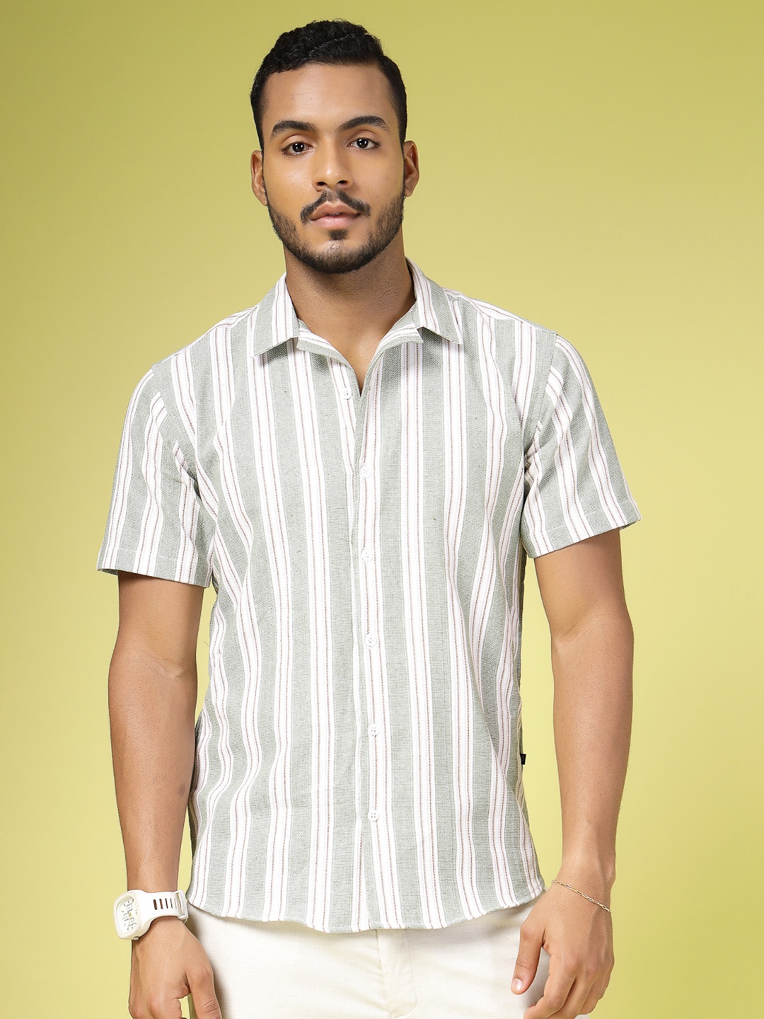 

Rigo Men Comfort Slim Fit Striped Cuban Collar Casual Shirt, Grey