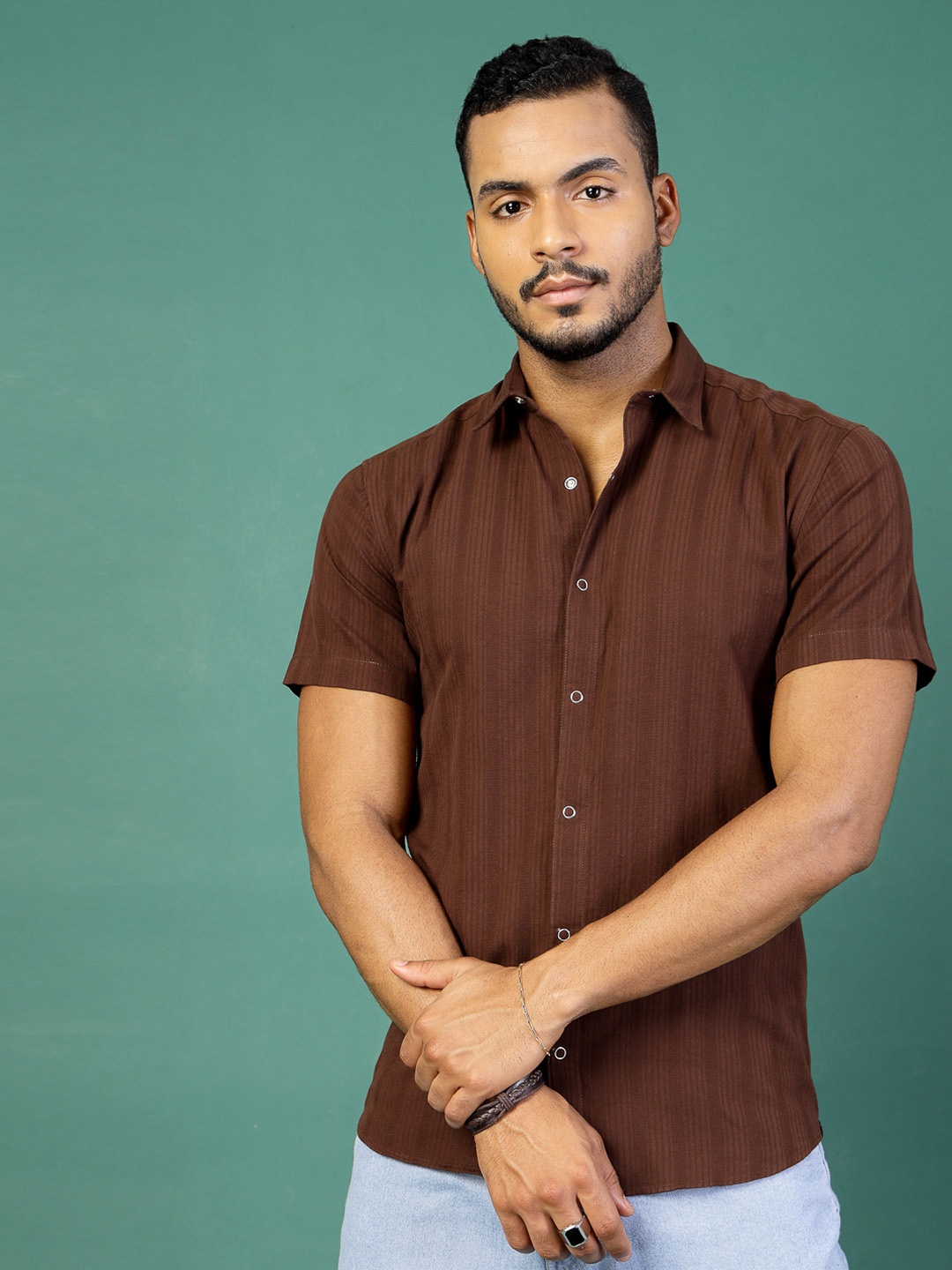 

Rigo Men Comfort Slim Fit Solid Spread Collar Casual Shirt, Brown