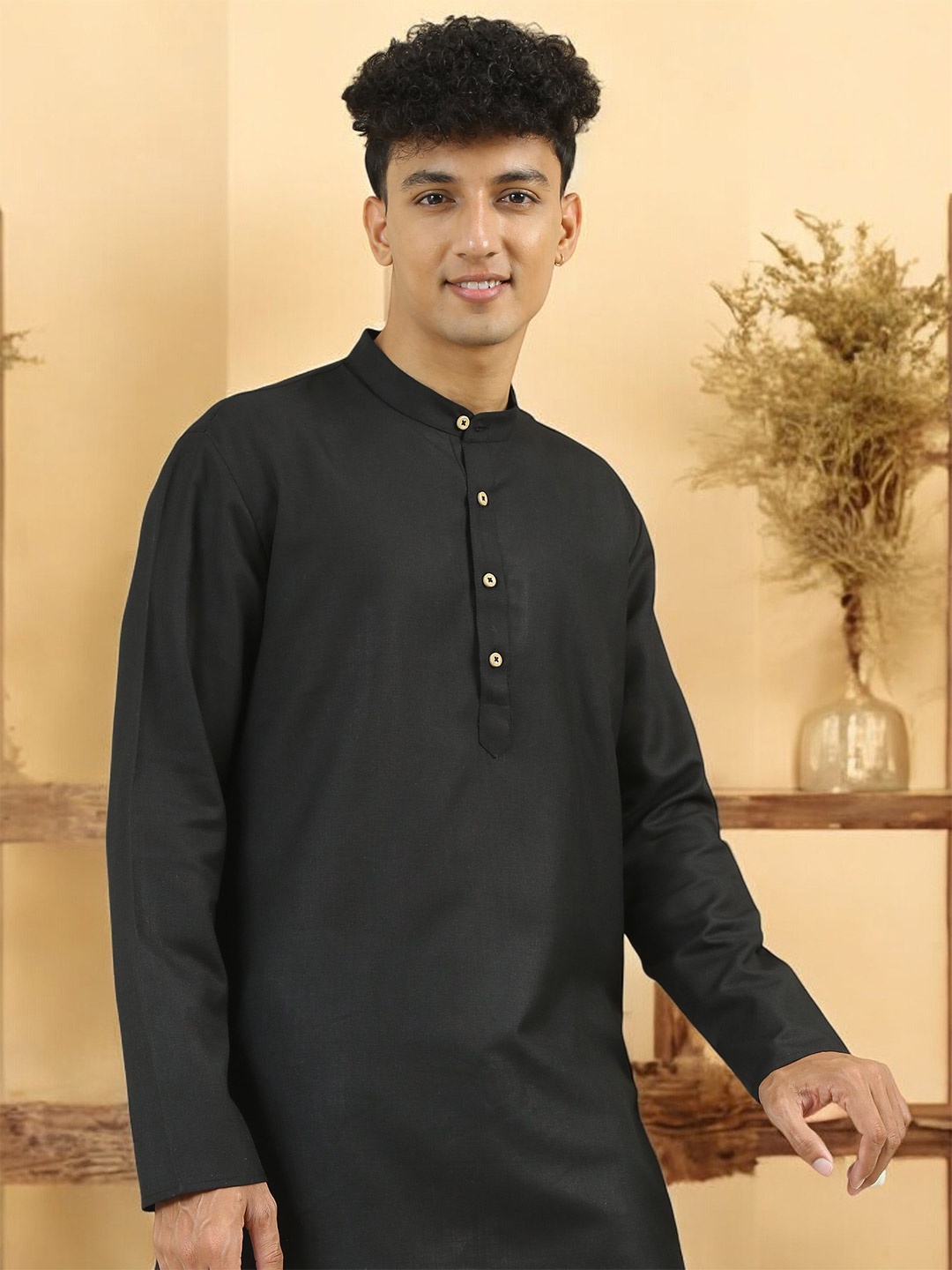 

TATTVA Mandarin Collar Summer Sheers Cotton Straight Kurta, Black