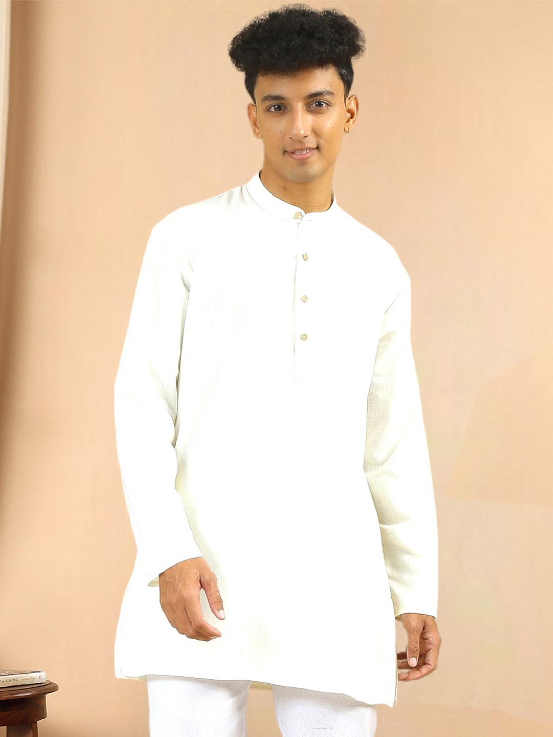 

TATTVA Mandarin Collar Summer Sheers Cotton Straight Short Kurta, Off white