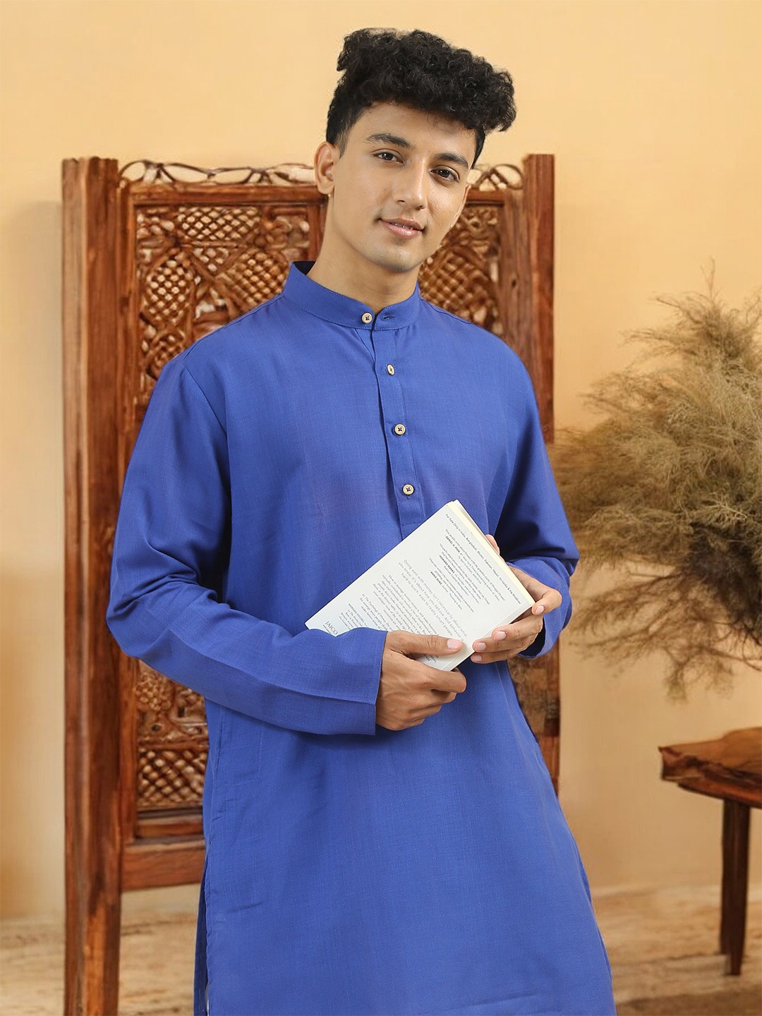 

TATTVA Mandarin Collar Summer Sheers Cotton Straight Kurta, Blue