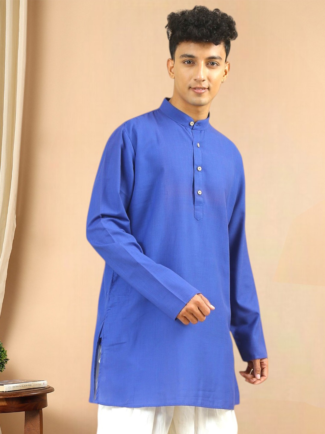 

TATTVA Mandarin Collar Summer Sheers Cotton Straight Kurta, Blue
