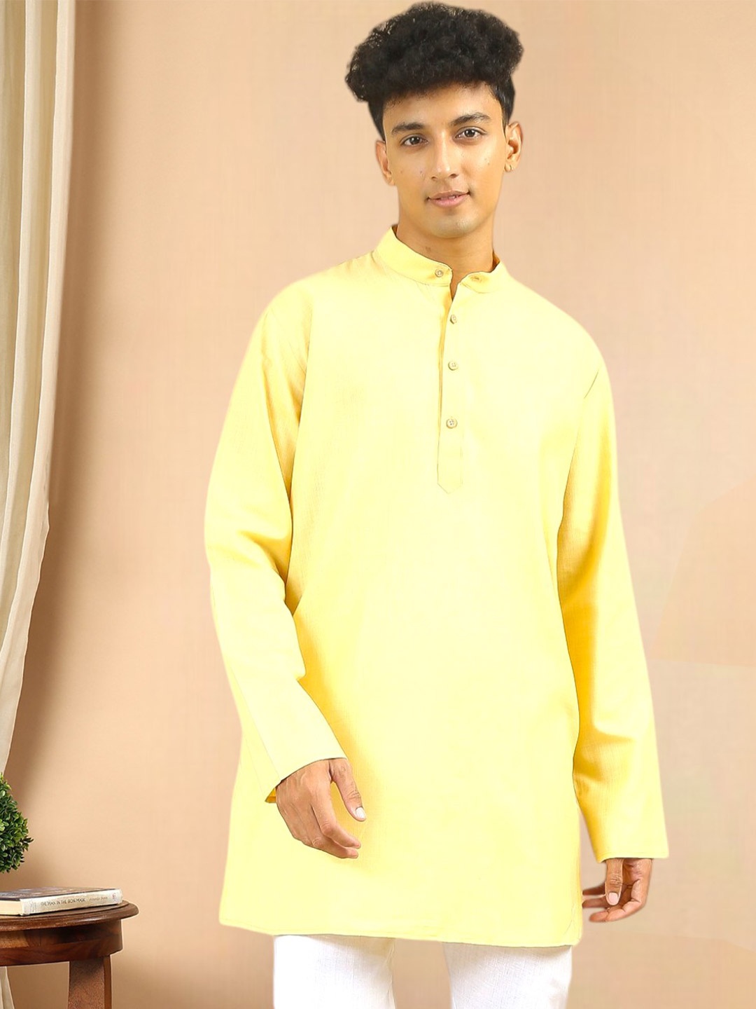 

TATTVA Mandarin Collar Summer Sheers Cotton Straight Kurta, Yellow