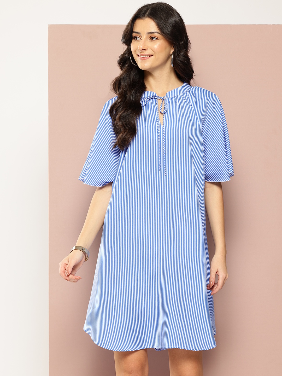 

Qurvii Striped Tie-Up Neck Flared Sleeve Crepe Shift Dress, Blue