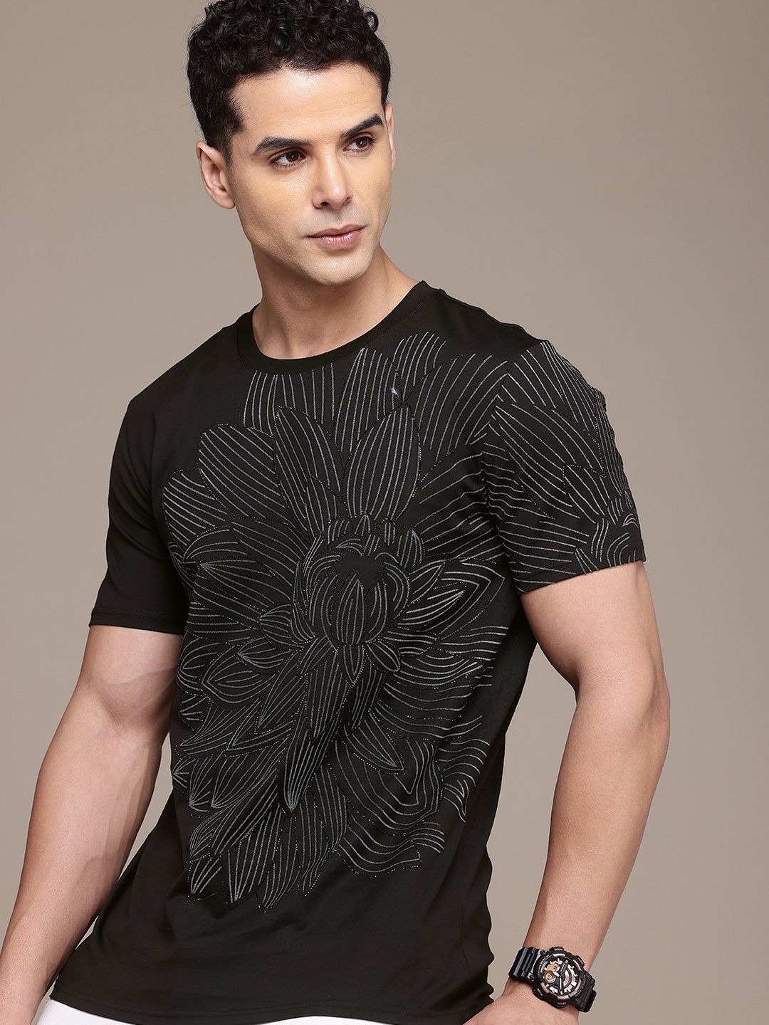 

FCUK Floral Printed Embellished Detailed T-shirt, Black