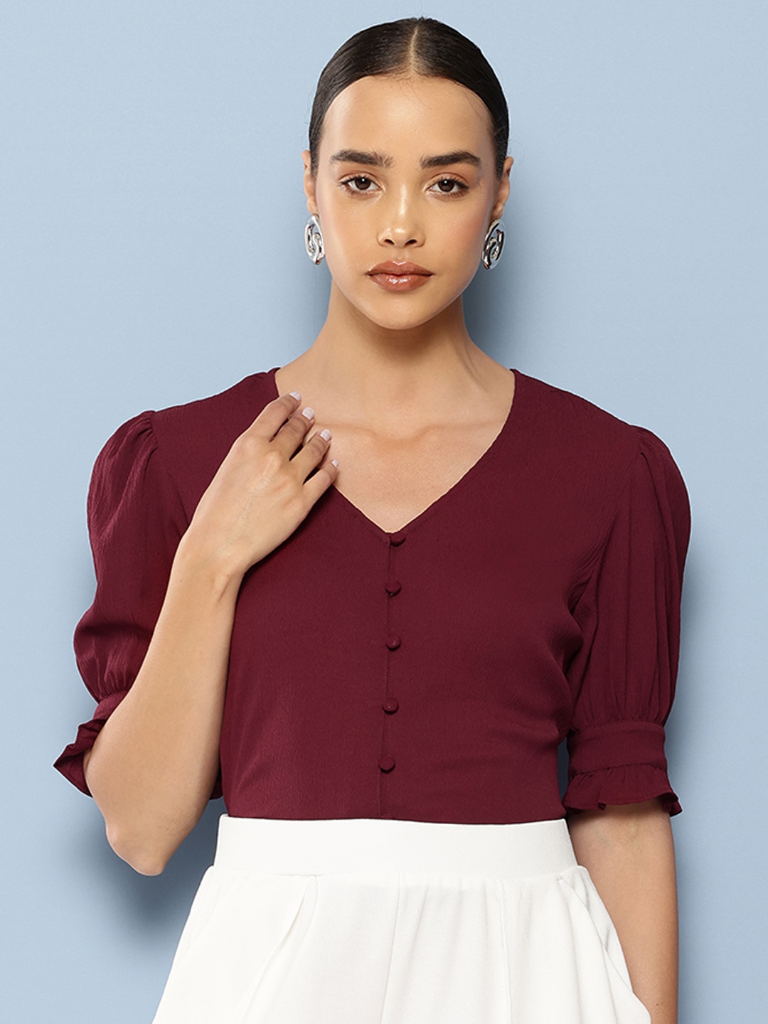 

Chemistry Puff Sleeves Crepe Top, Maroon
