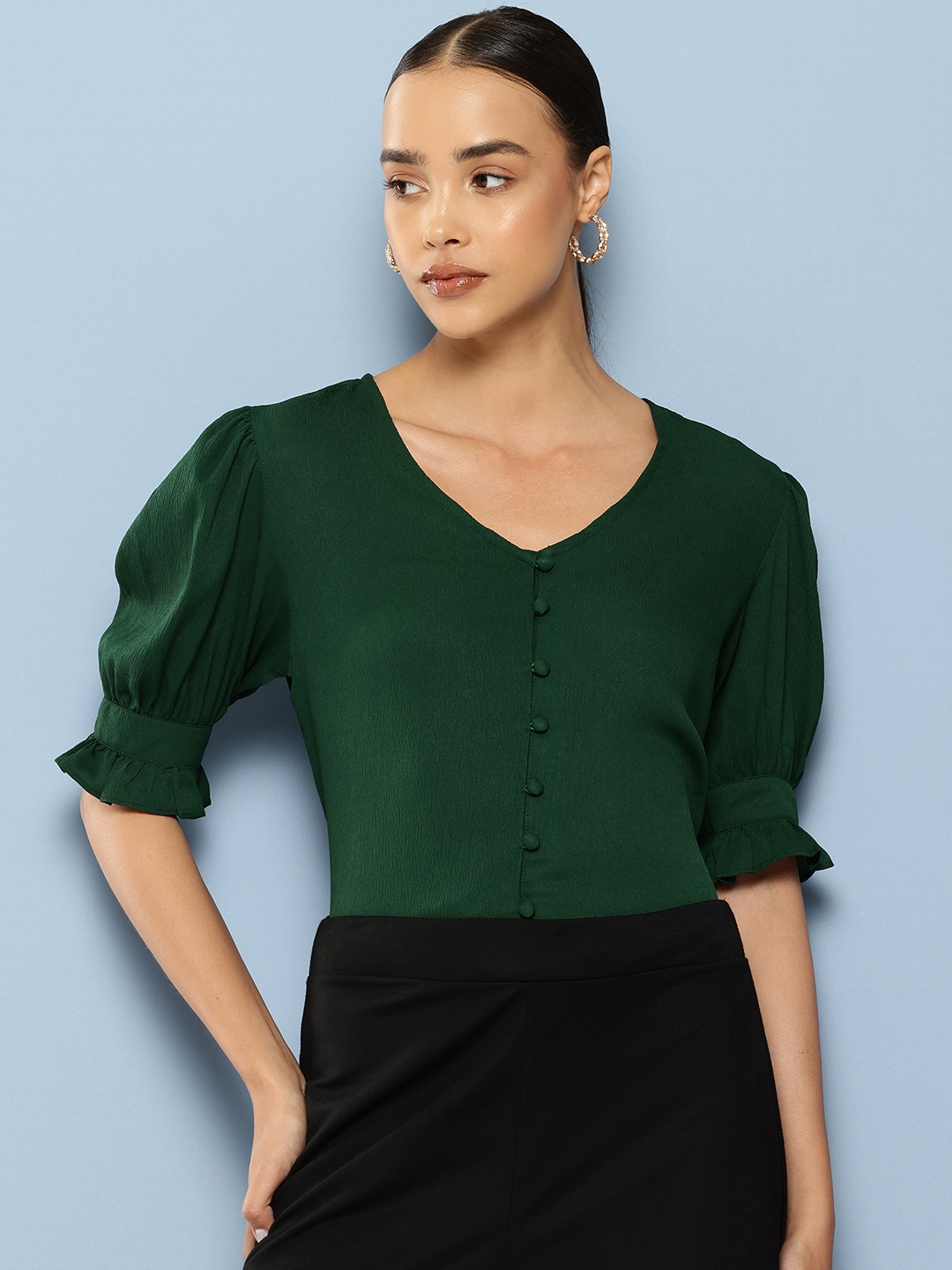 

Chemistry Puff Sleeves Crepe Top, Green