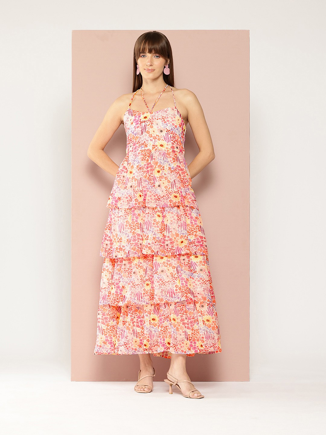 

Ironic Creation Floral Print Halter Neck Georgette Maxi Dress, Pink
