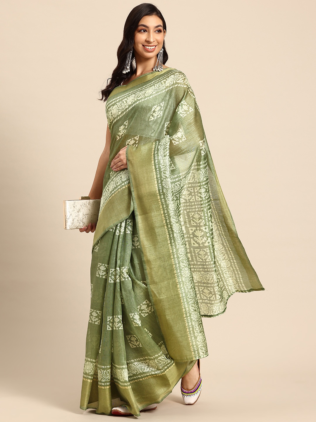 

HERE&NOW Batik Bagh Zari Saree, Olive