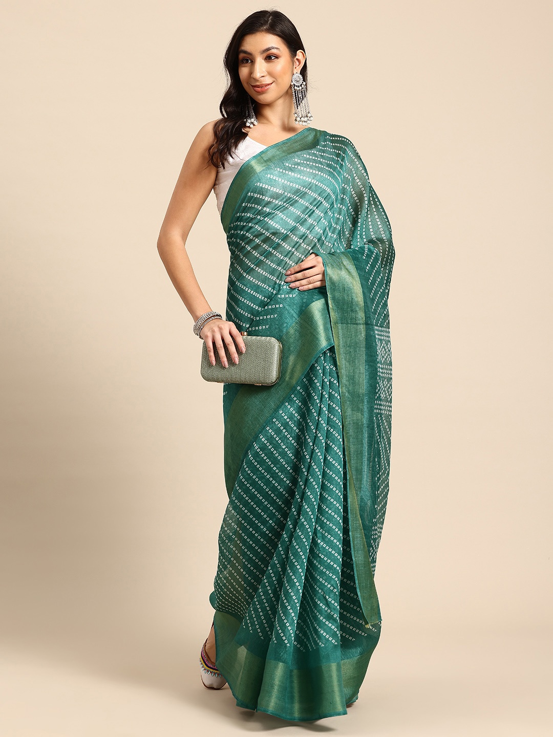 

HERE&NOW Bandhani Zari Saree, Green