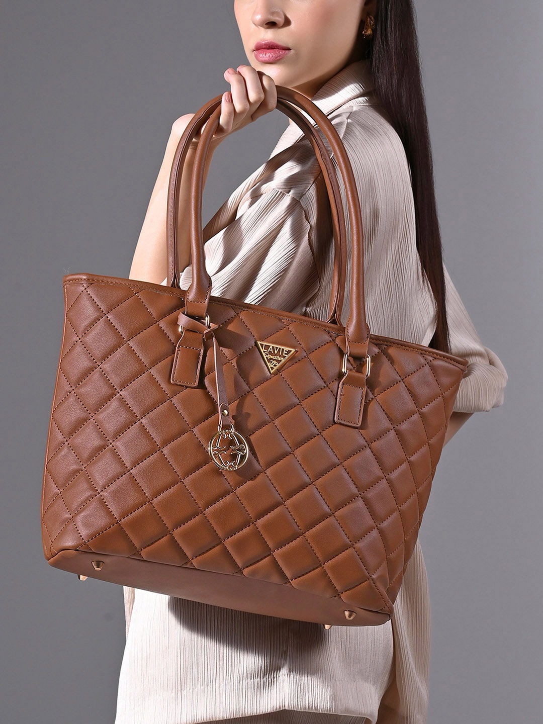 

LAVIE Signature Textured Boston Structured Oversized Shoulder Bag with Quilted Detail, Tan