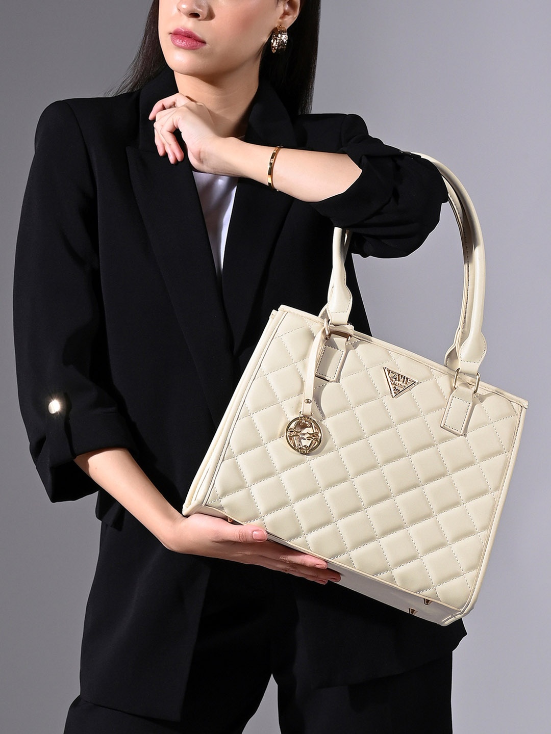 

LAVIE Signature Textured California Structured Shoulder Bag with Quilted Detail, Off white