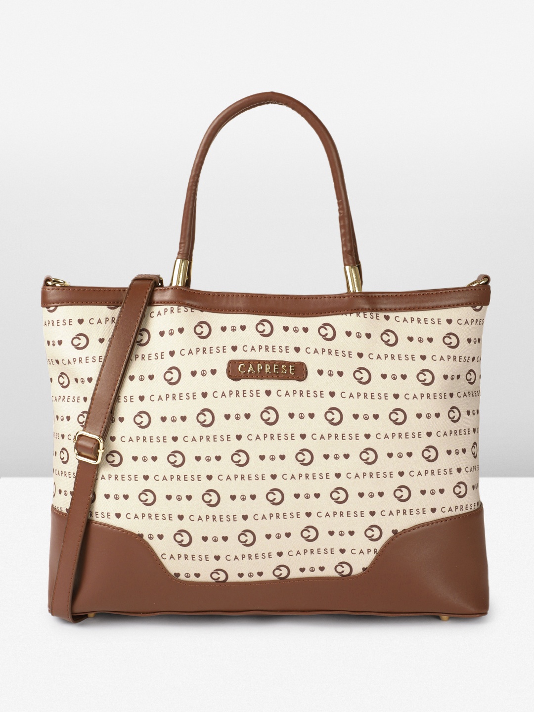 

Caprese Peace Brand Logo Printed Oversized Structured Handheld Bag, Beige