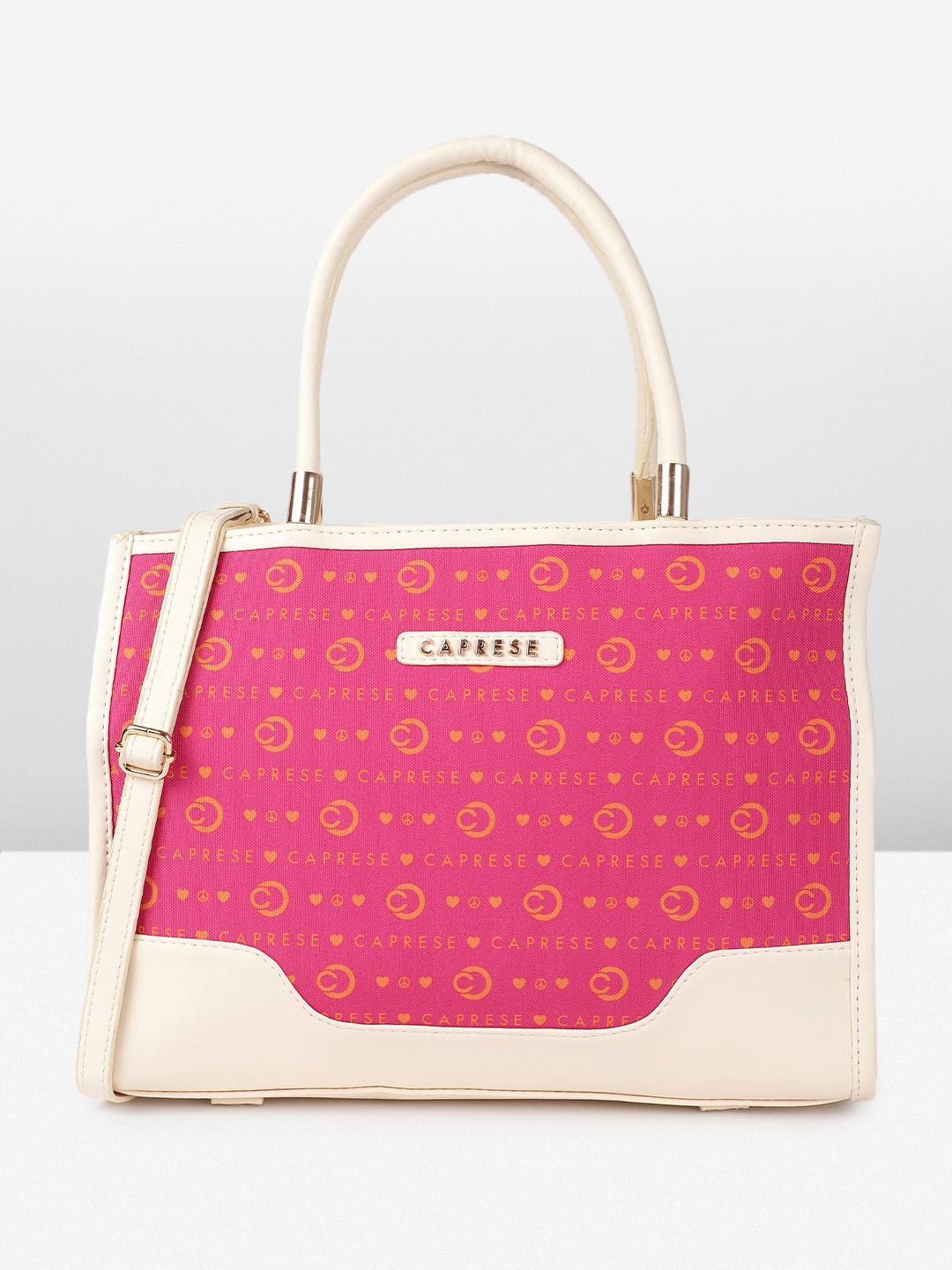 

Caprese Peace Brand Logo Printed Structured Handheld Bag, Pink