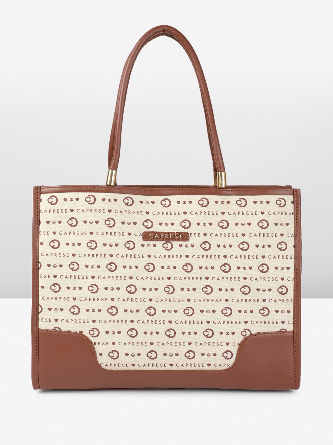 

Caprese Peace Brand Logo Printed Oversized Structured Handheld Bag, Beige