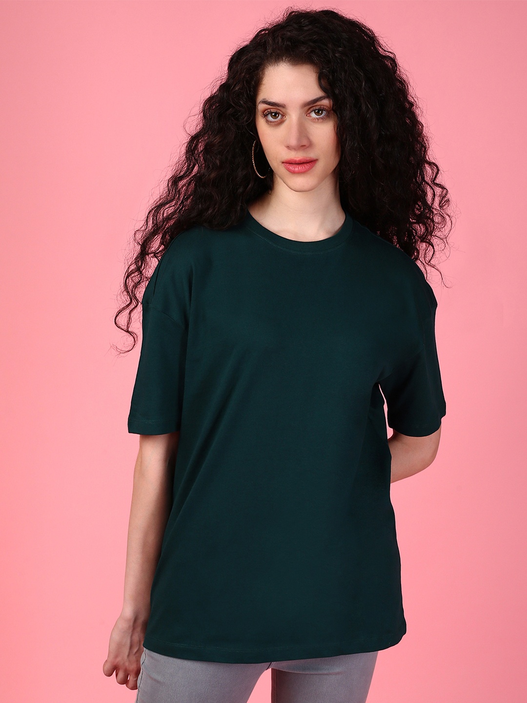 

DressBerry Women Solid Round Neck Cotton Boxy T-Shirt, Green