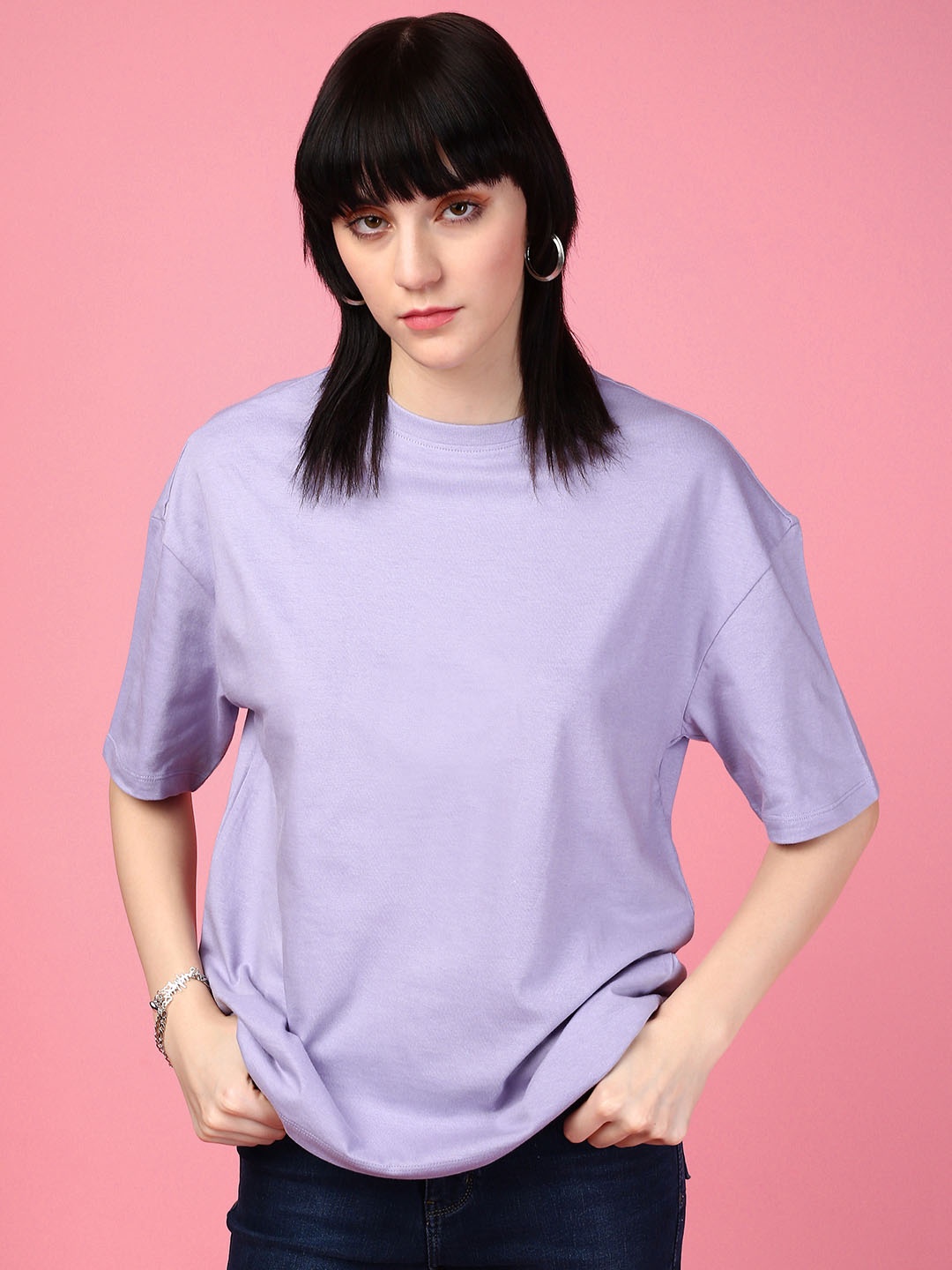 

DressBerry Women Solid Round Neck Cotton Boxy T-Shirt, Violet