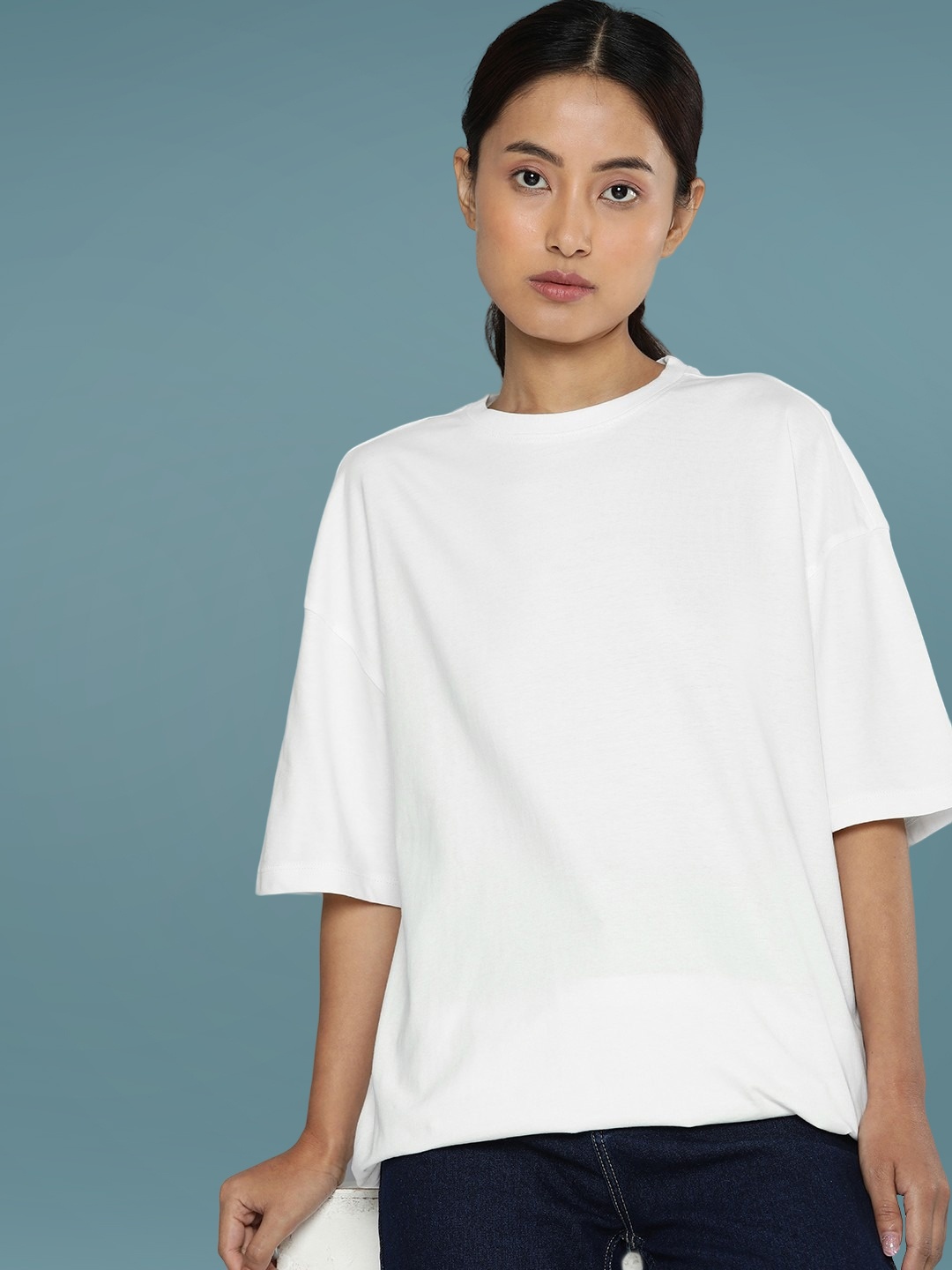 

DressBerry Women Solid Round Neck Cotton Oversized T-Shirt, Off white