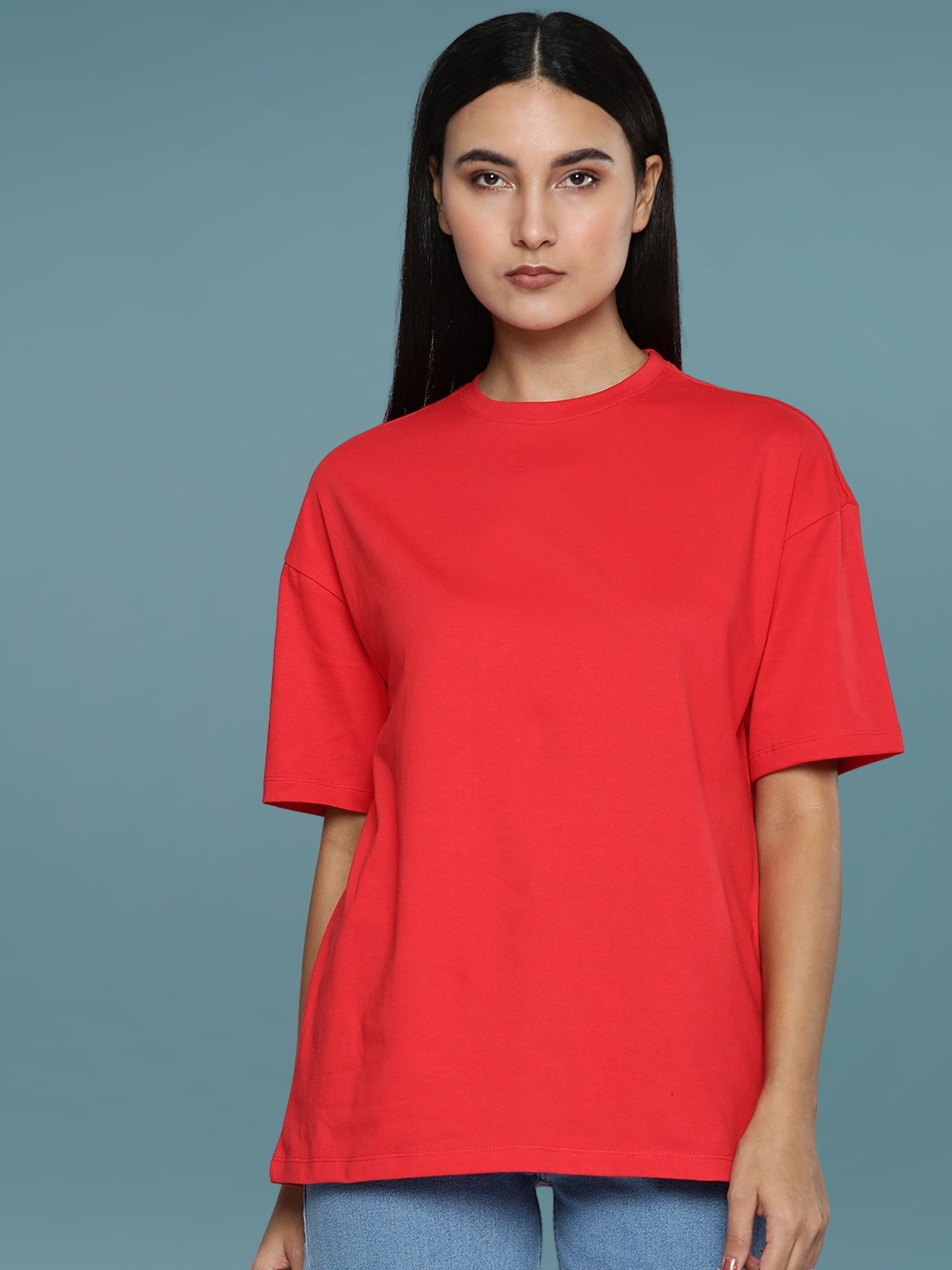 

DressBerry Women Solid Round Neck Cotton Oversized T-Shirt, Red