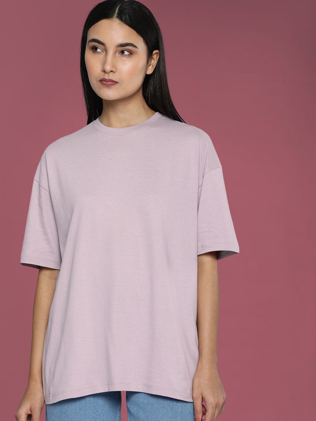 

DressBerry Solid Round Neck Cotton Longline Baggy T-Shirt, Lavender