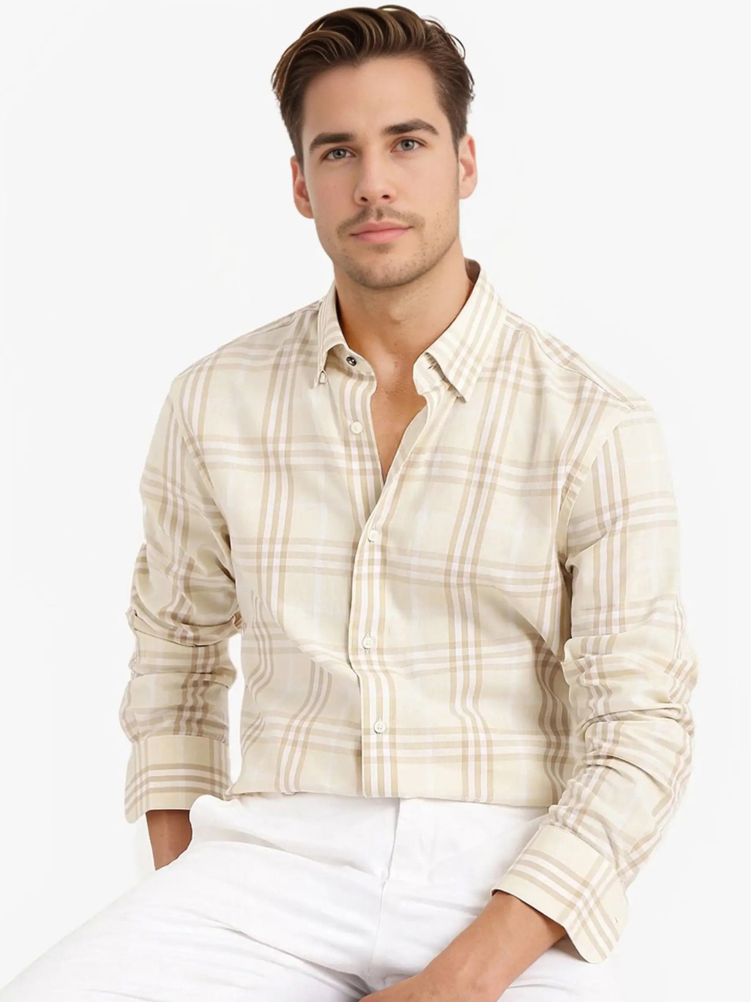 

RARE RABBIT Men Comfort Tartan Checks Opaque Casual Shirt, Beige