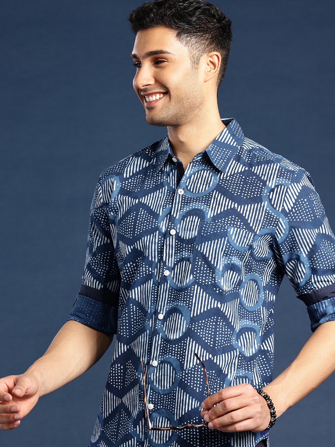 

Taavi Men Comfort Indigo Hand Block Printed Pure Cotton Casual Shirt, Blue