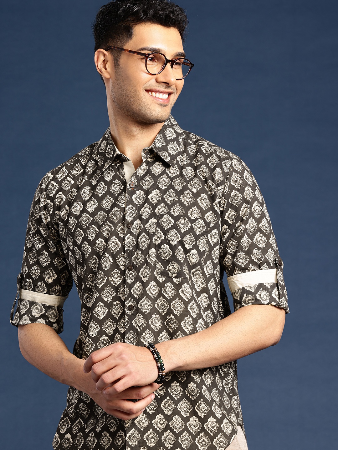 

Taavi Men Comfort Floral Hand Block Printed Casual Shirt, Charcoal