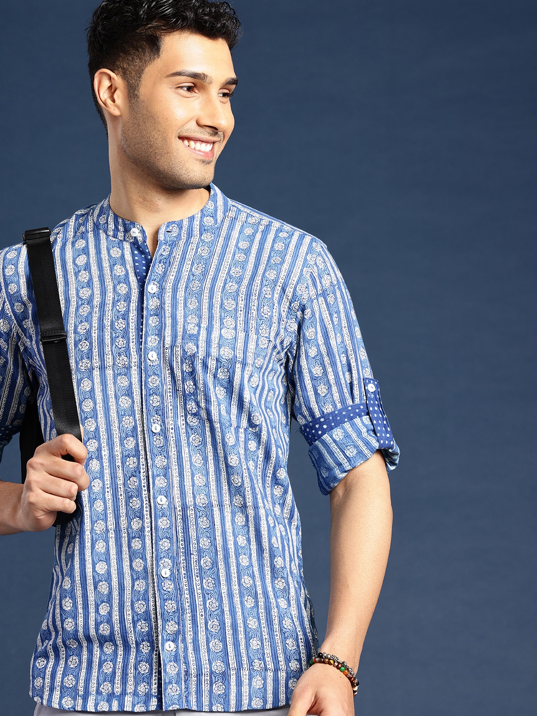Taavi Men Comfort Hand Block Floral Printed Pure Cotton Casual Shirt, Blue