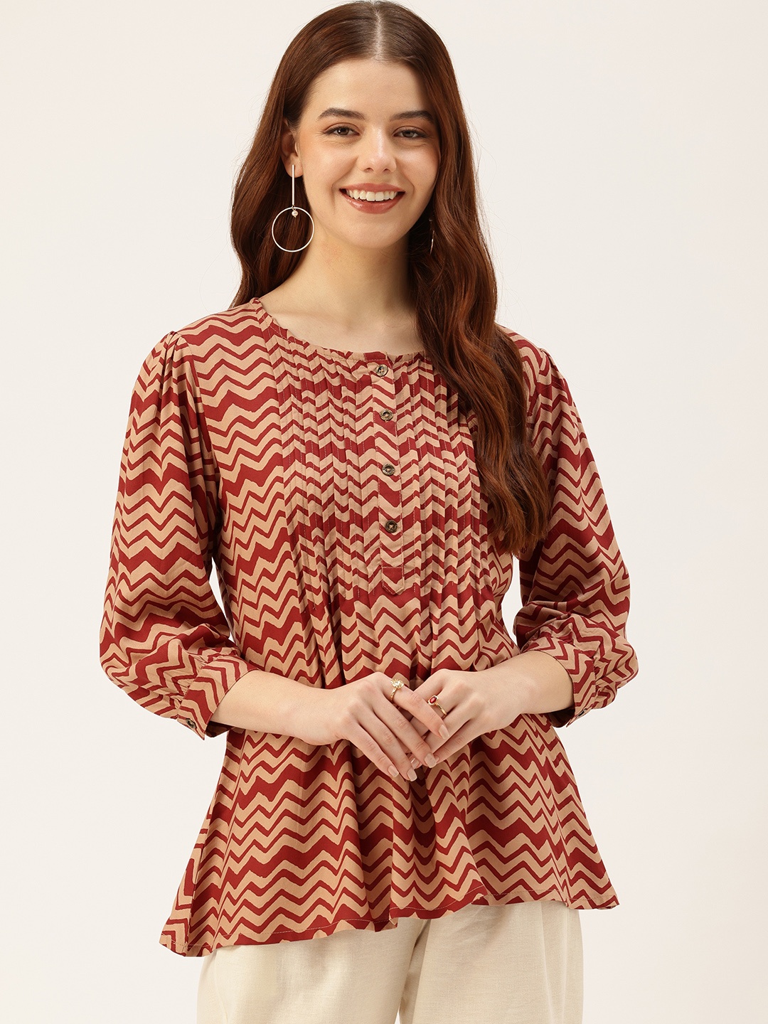 

AMUKTI Geometric Printed Pleated Tunic, Red