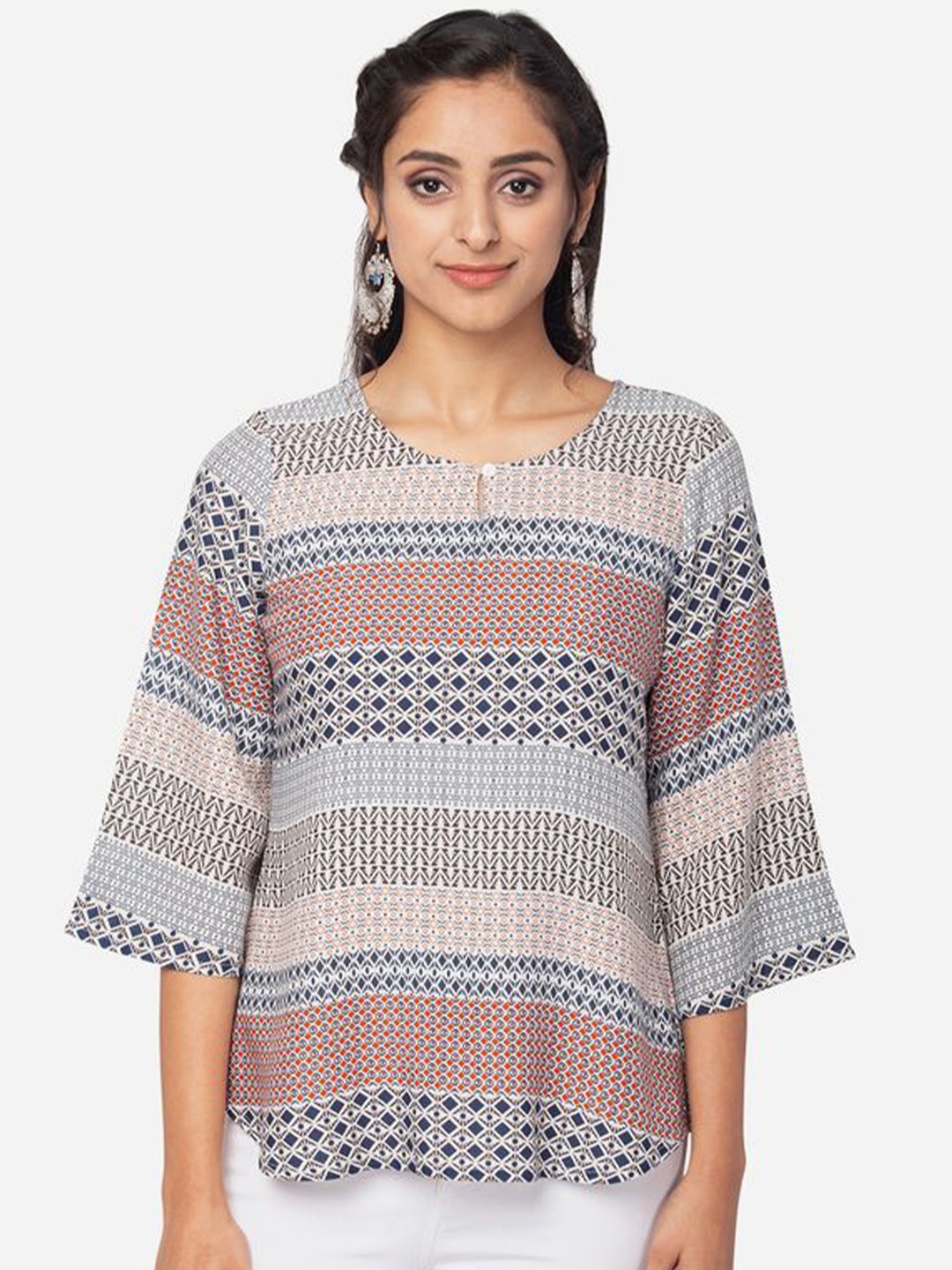 

KIZI Ethnic Printed Flared Sleeves Top, Cream