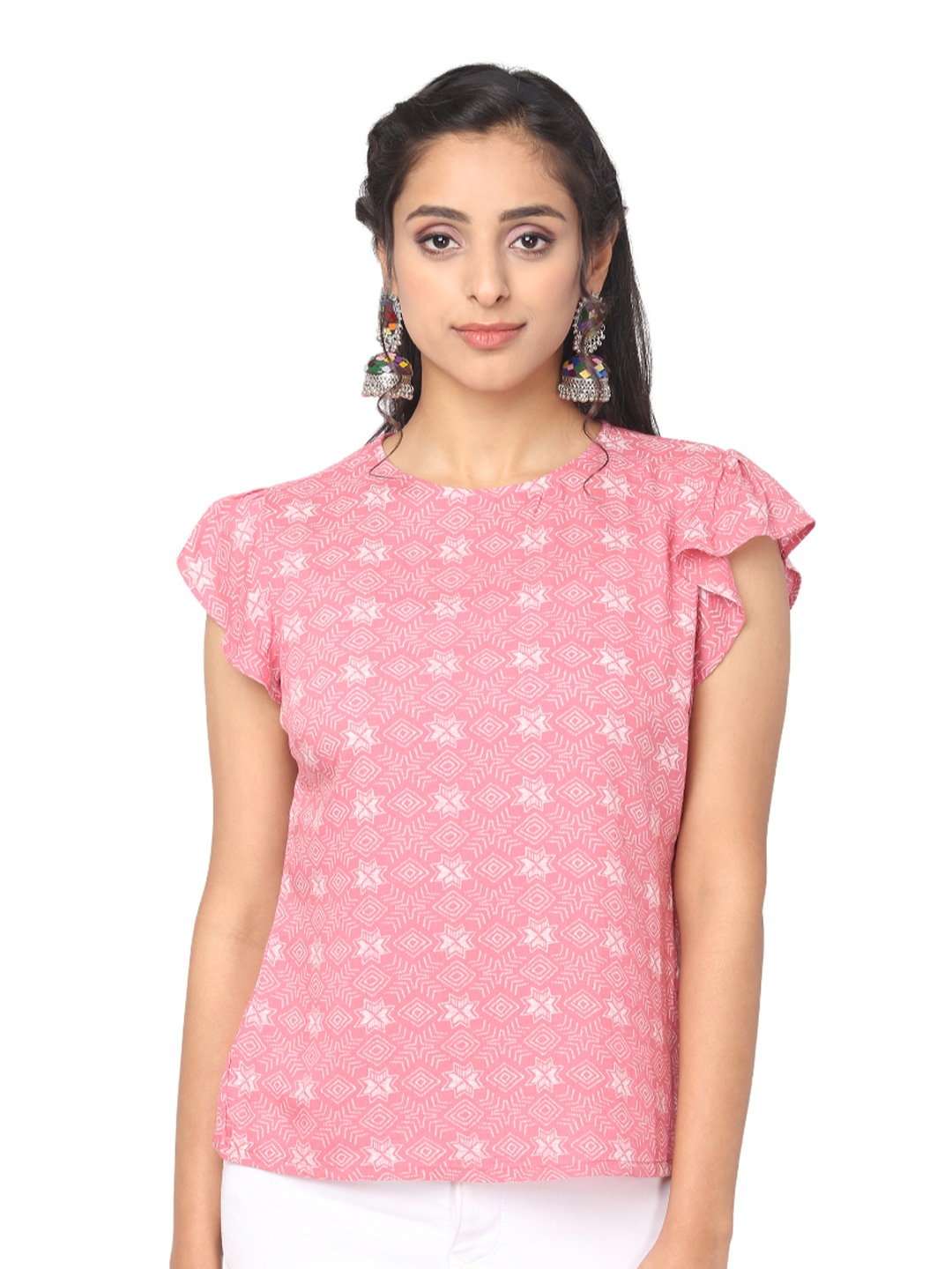 

KIZI Geometric Printed Flutter Sleeve Top, Pink