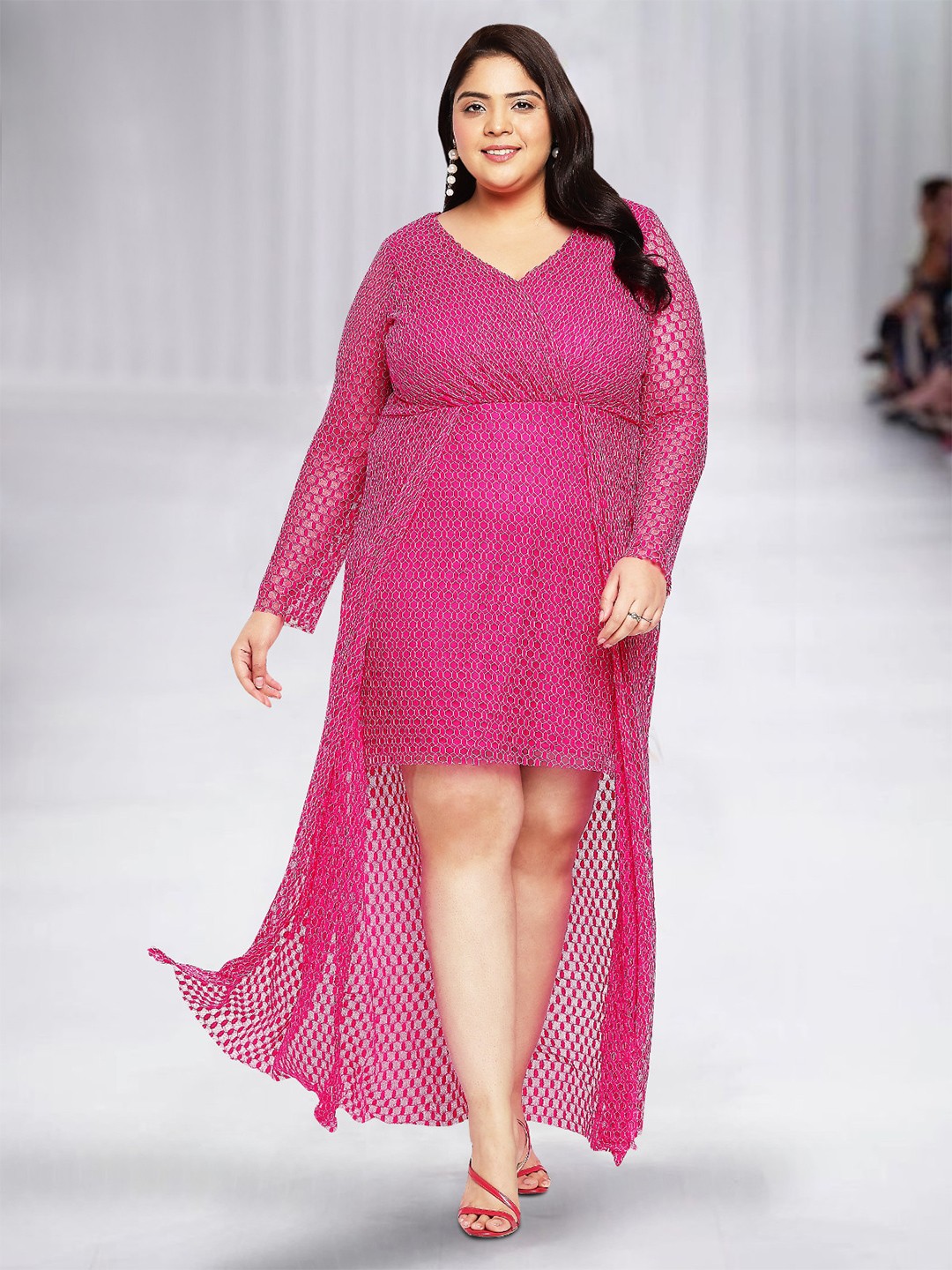 

wild U Plus Size Lace Self Design High Low Dress, Pink