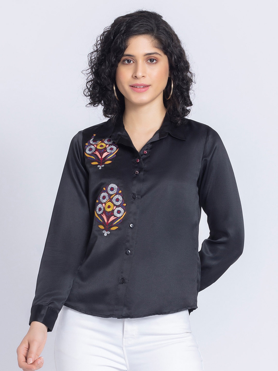 

SHAYE Women Smart Embroidered Spread Collar Party Shirt, Black