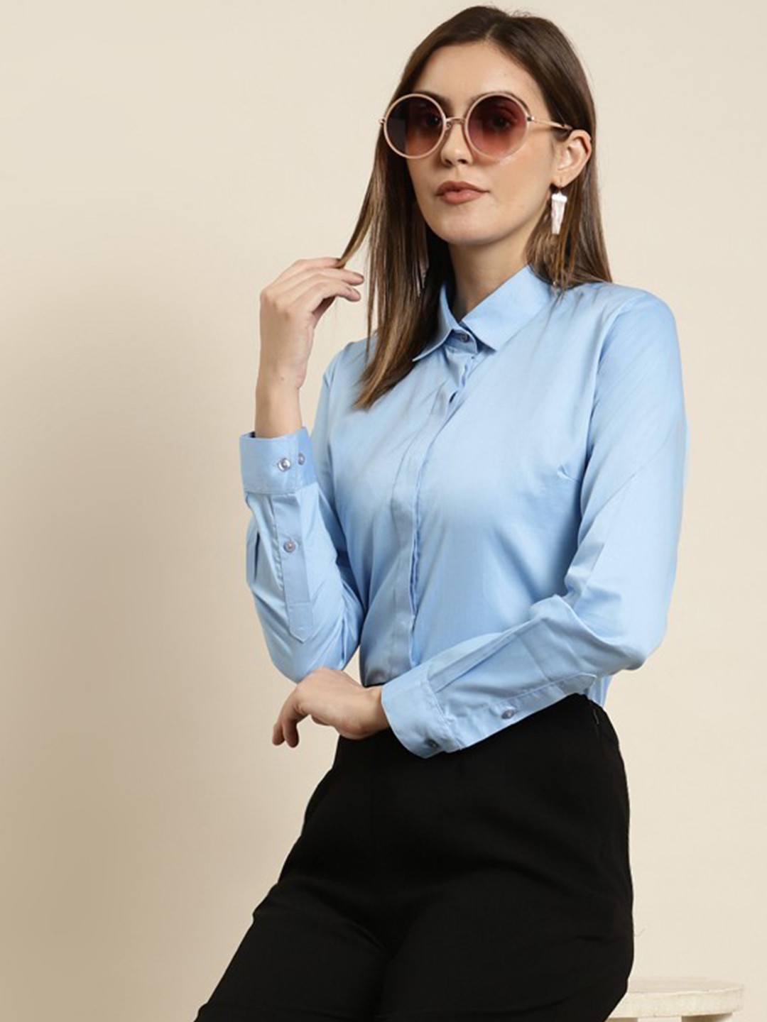 

Hancock Women Classic Spread Collar Solid Cotton Formal Shirt, Blue