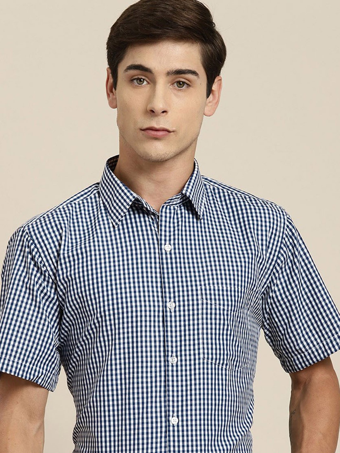 

Hancock Men New Spread Collar Gingham Checked Slim Fit Formal Shirt, Navy blue