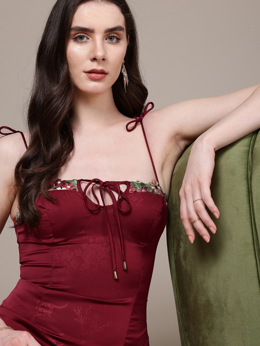 

bebe Shoulder Straps Self Design with Applique Detailing A-line Dress, Maroon