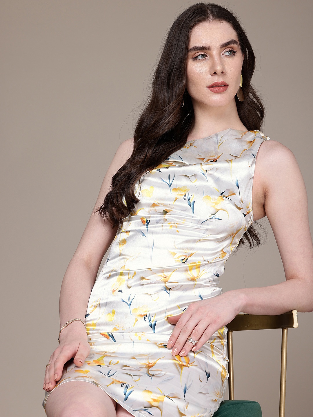 

bebe Floral Printed Satin Finish Sheath Mini Dress, White
