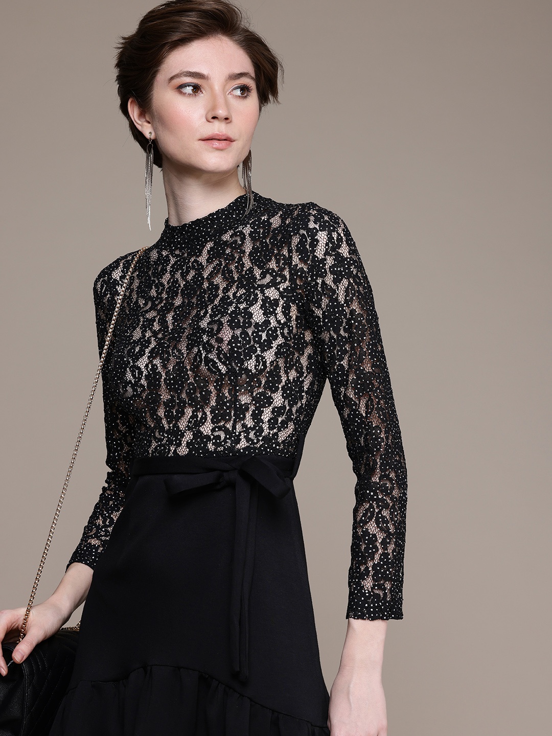 

bebe Embellished with Semi Sheer Lace Tie-Up A-Line Party Mini Dress, Black