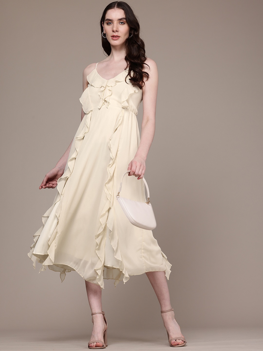 

bebe Ruffled A-Line Midi Dress, Beige