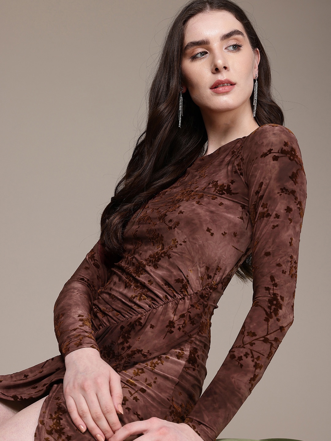 

bebe Floral Self Design Gathered Detailing Sheath Dress, Brown
